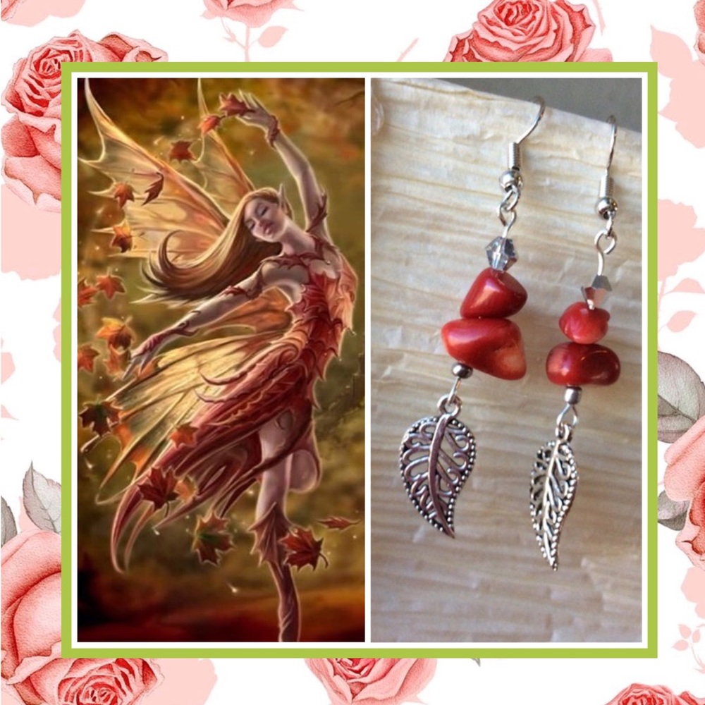🍒 CORAL METAL LEAF DANGLE DROP EARRINGS GEMSTONE BOHO CHIC FAIRY RED GEM NATURE